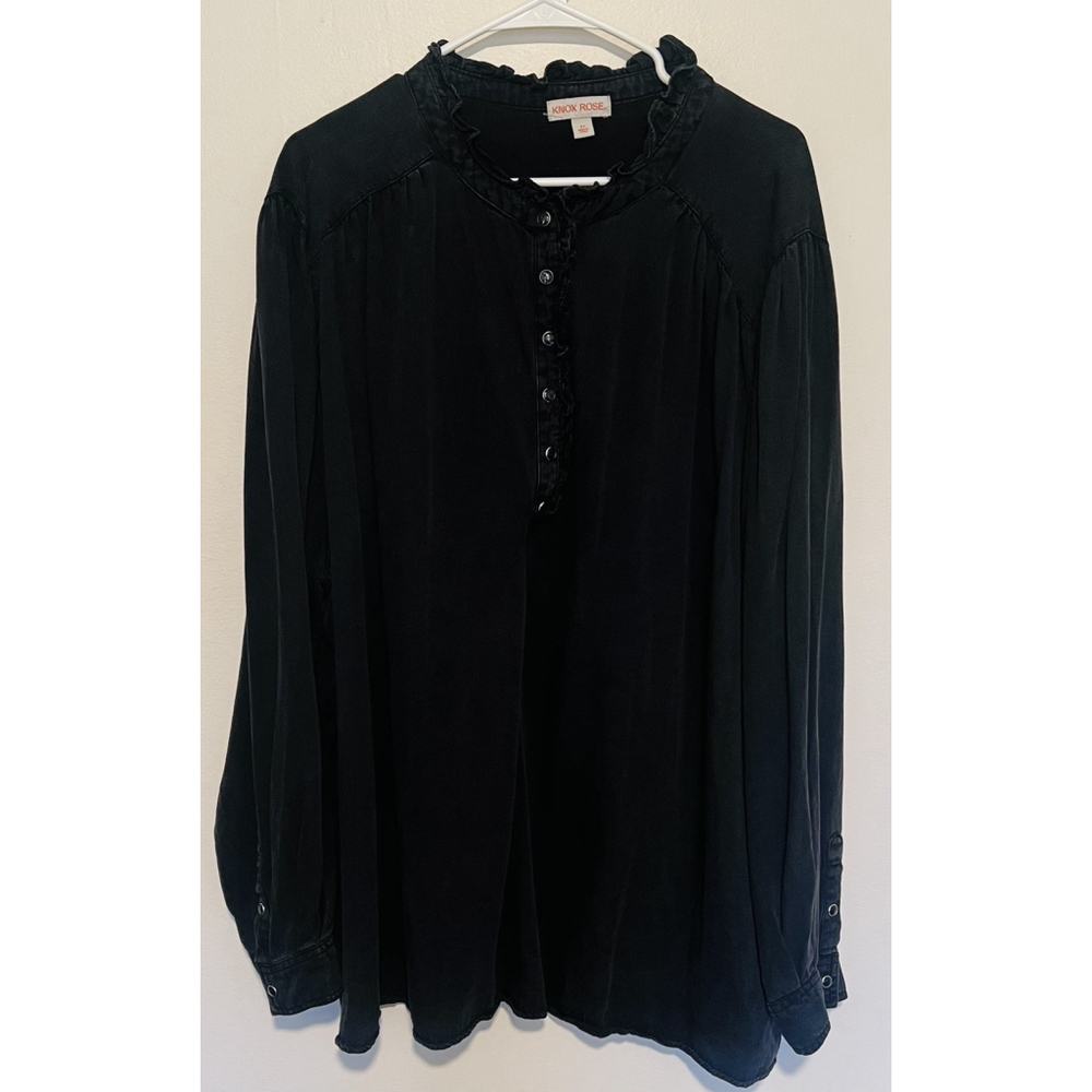 Knox Rose Shirt Women’s 4X Black Snap Up Faded Grunge Goth Boho Ruffle Blouse